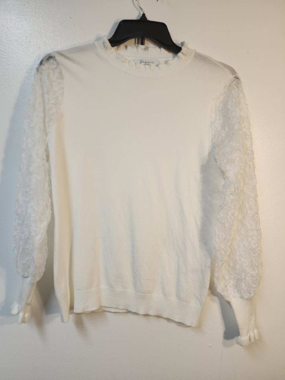 SIONI mILANO white pullover sweater sheer sleeves EUC